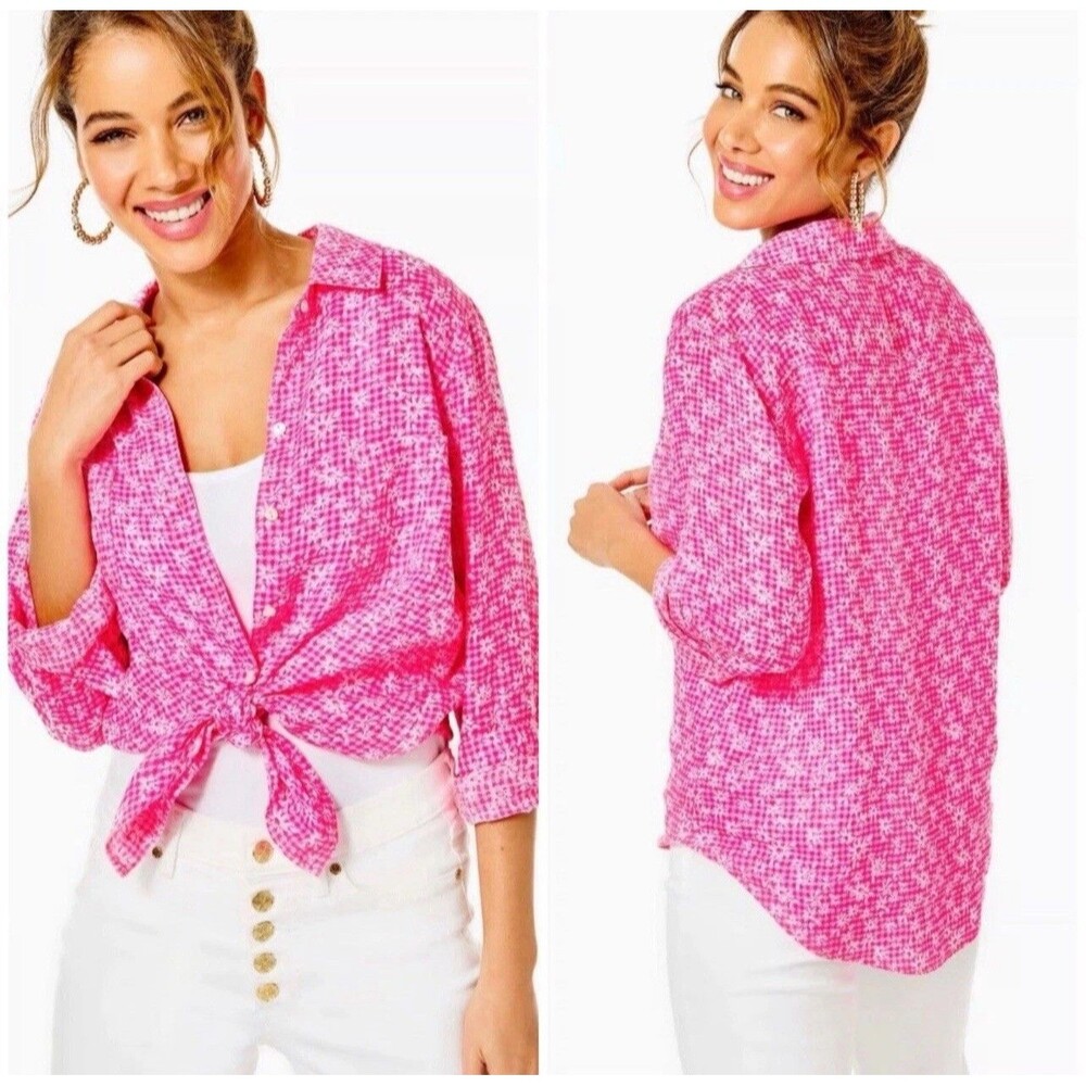 Lilly Pulitzer‎ Sea View 100% LINEN Button Down Top Size XS Pink Gingham Floral